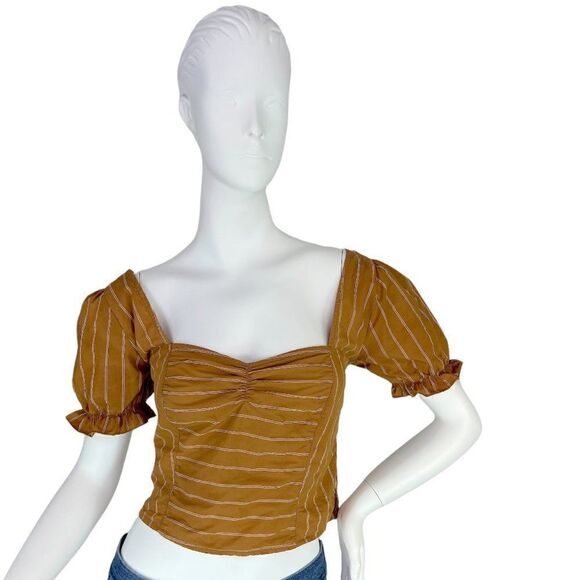 Free People Rose Garden Crop Top in Mustard Stripe Puff Sleeves Size Small - Picture 1 of 8